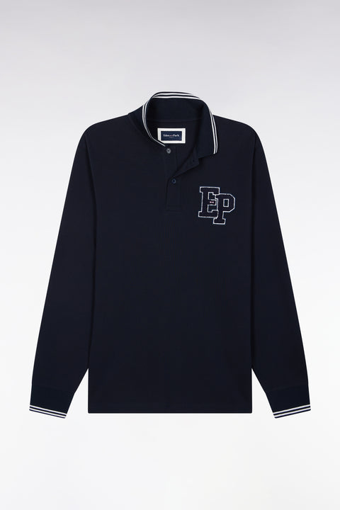 Polo manches longues en piqué de coton peigné marine coupe droite - Image 2