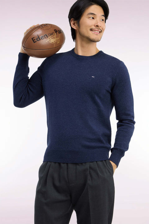 Round neck sweater in blue wool and cotton, straight cut - Image 1