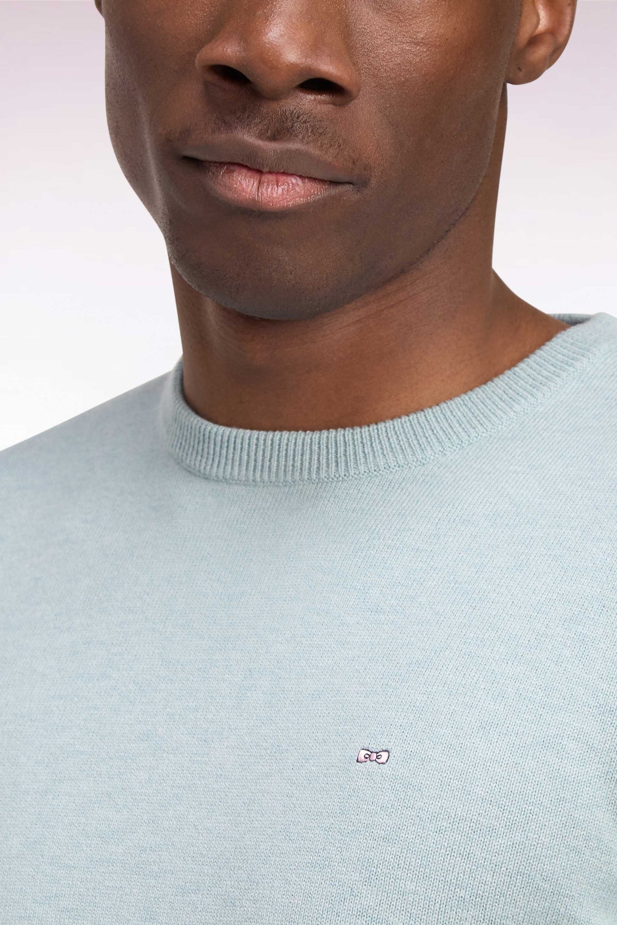 Round neck sweater in water green wool and cotton, straight cut
