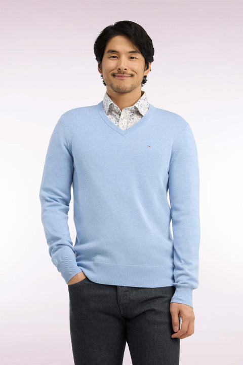 Pull col V en laine et coton ciel coupe droite - Image 3