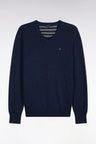 Straight cut blue wool and cotton V-neck sweater