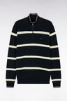 Striped sweater with zipped trucker collar in navy and ecru cotton, straight cut