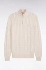 Cable-knit sweater with trucker collar in ecru cotton, straight cut