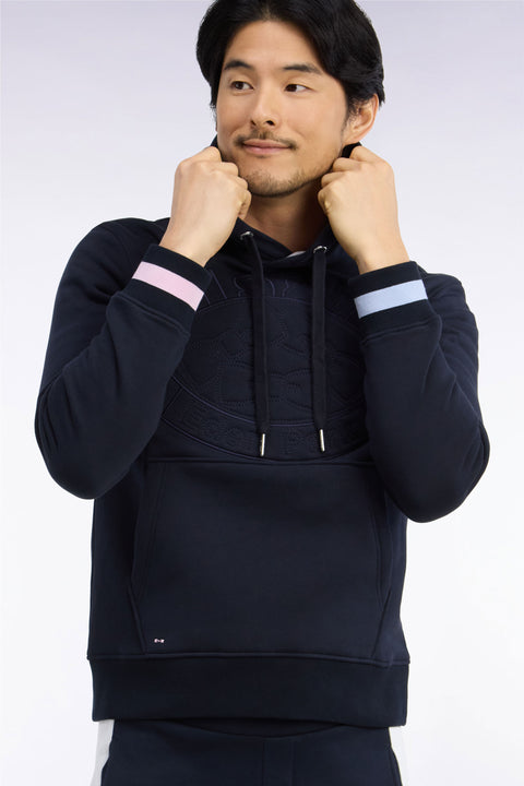 Straight cut embroidered navy cotton fleece hooded sweatshirt - Image 1
