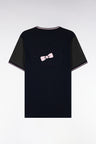 Short-sleeved navy t-shirt with brown sleeves, straight cut