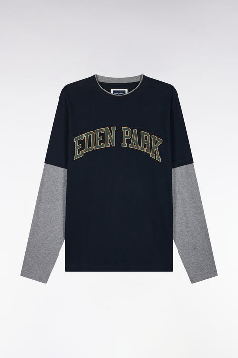 T-shirt manches longues effet superposition en coton peigné marine coupe droite - Image 2