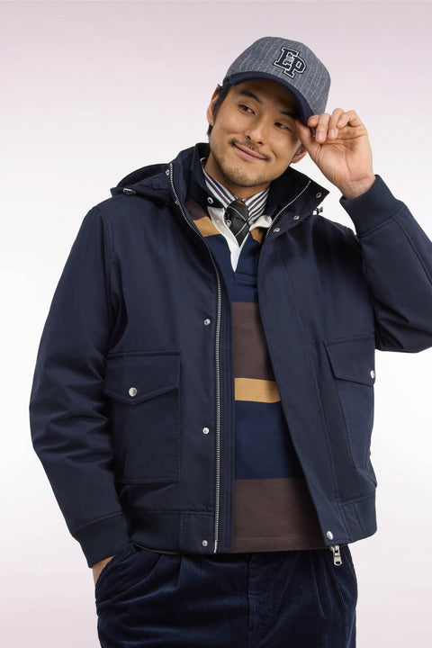 Navy bi-material jacket with removable hood, straight cut - Image 1