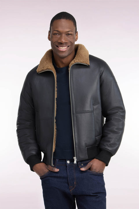 Blouson en peau lainée noir coupe droite - Image 3