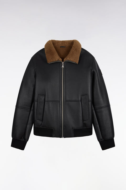 Blouson en peau lainée noir coupe droite - Image 2