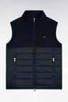 Dual-material sleeveless down jacket in nylon and navy flannel
