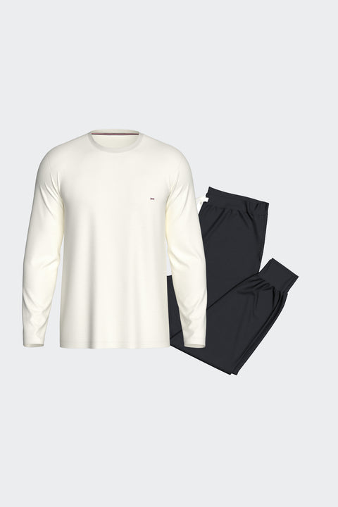 Ensemble pyjama long en coton T-shirt uni écru et pantalon marine - Image 1