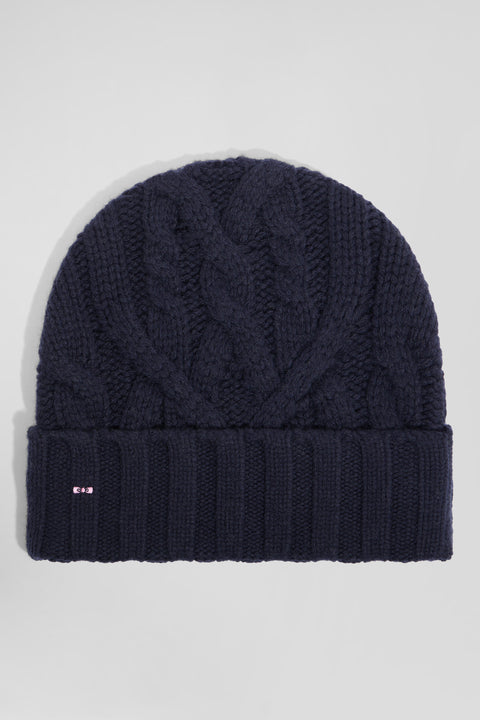 Navy blue cable knitted wool beanie - Image 1