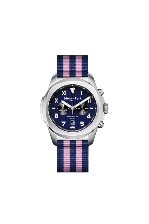 Montre à quartz chronographe fond bleu bracelet NATO rayé - Image 1