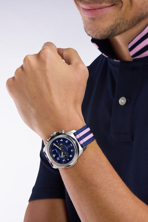 Montre à quartz chronographe fond bleu bracelet NATO rayé - Image 2