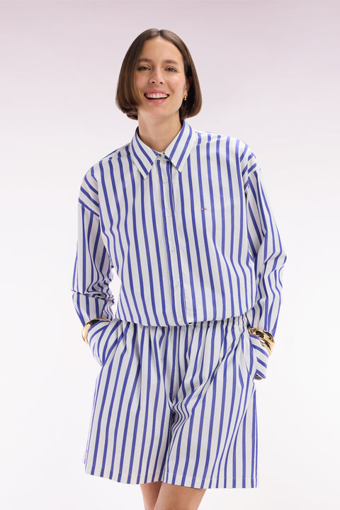 Oversized white cotton shirt with blue stripes - Image 1