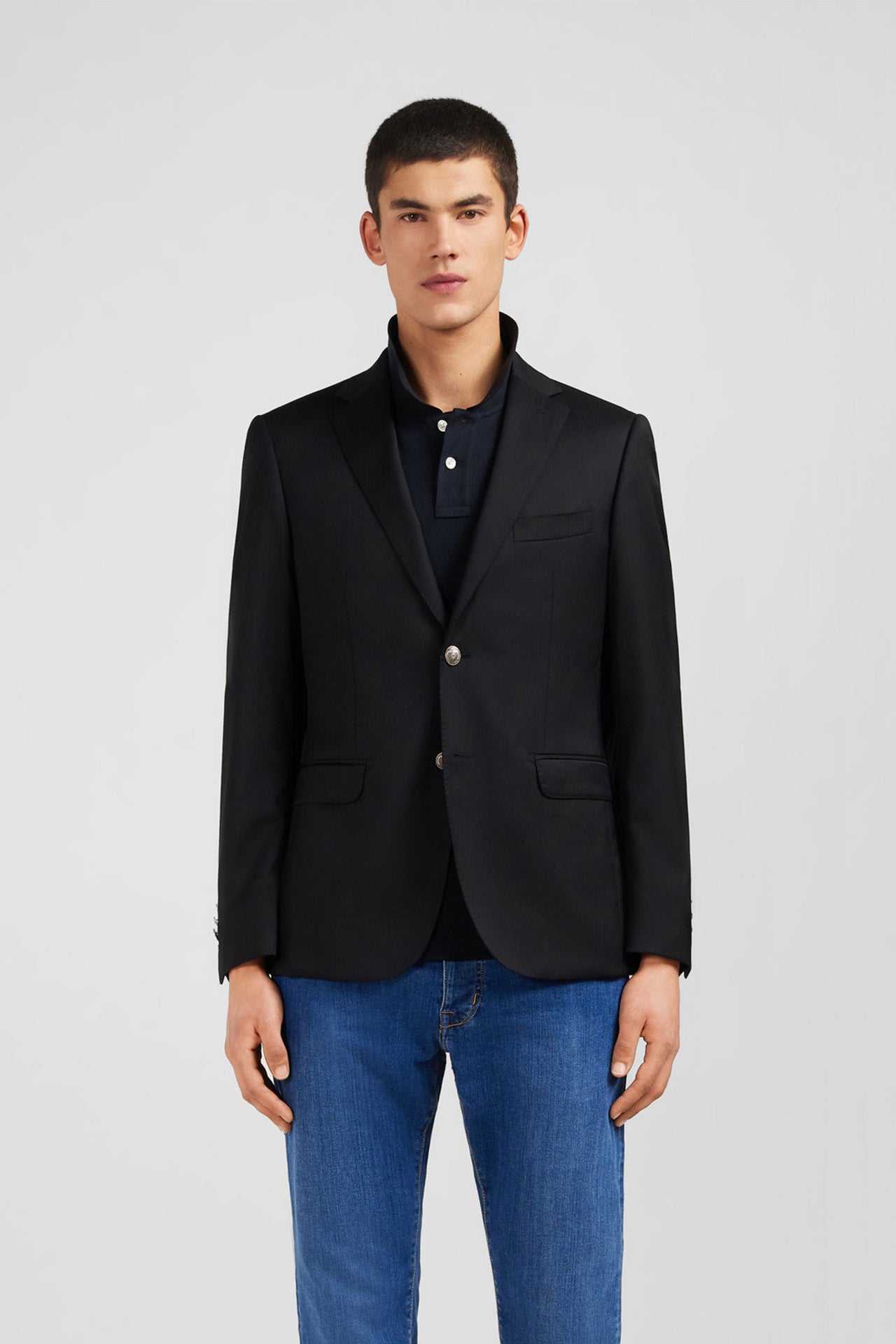Slim fit black 100% wool blazer