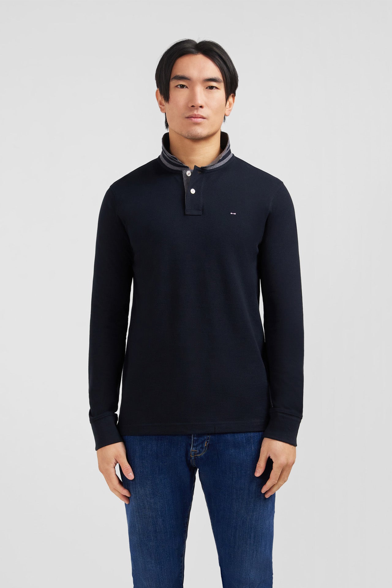 Black cotton polo with contrasting neck