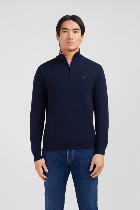 Navy blue cotton jersey jumper with trucker neck - Image 1