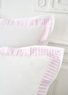Set of square white cotton pillowcases with pink striped trim