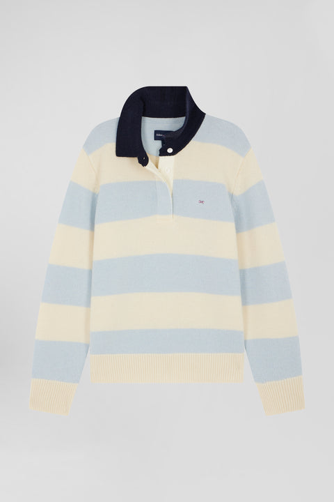 Blue and ecru striped wool and cashmere polo-neck sweater - Image 1