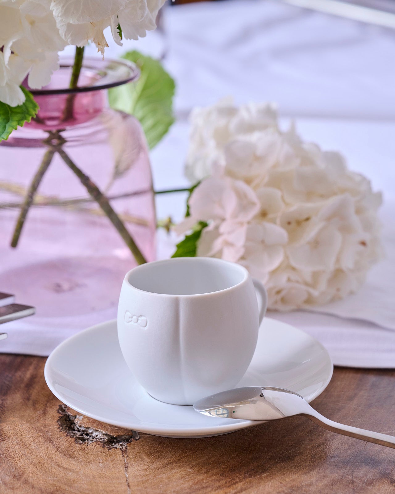 Set of 2 white Limoges porcelain cups and coasters