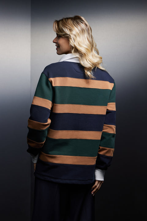 Maillot à rayures rugby tricolore marine vert et jaune upcyclé Pap'Atelier - Image 3