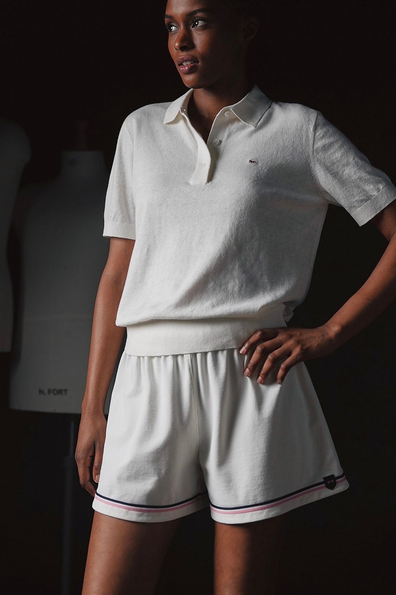 Pap'atelier white shorts with elastic waist striped trims and crest
