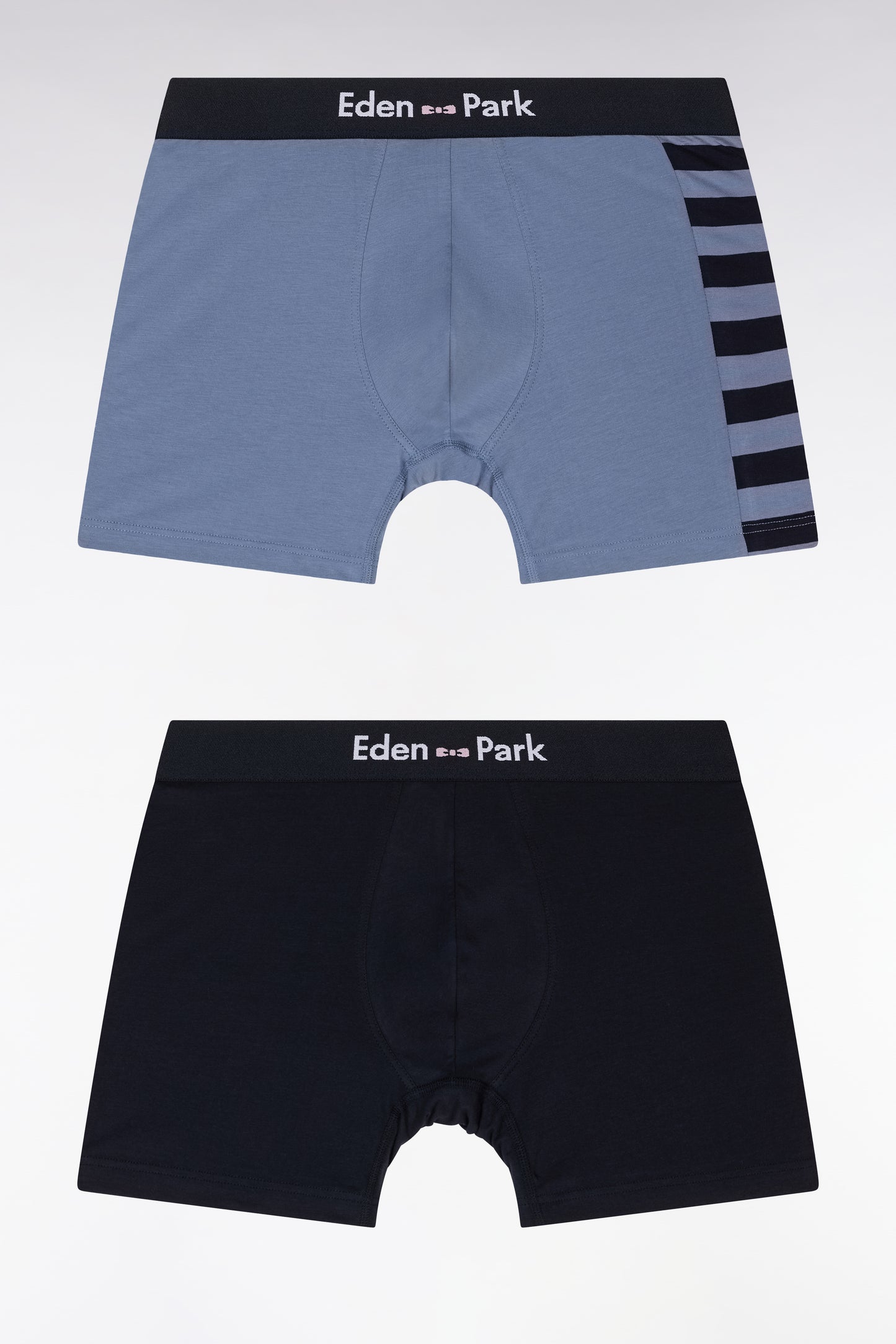 Set of two boxer shorts in navy and grey stretch cotton jersey with hooped details
