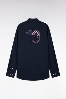 Navy pinpoint cotton shirt embroidery 10 back straight cut - Image 2