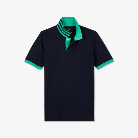 Dark blue polo with green trims, in Pima cotton - Image 2