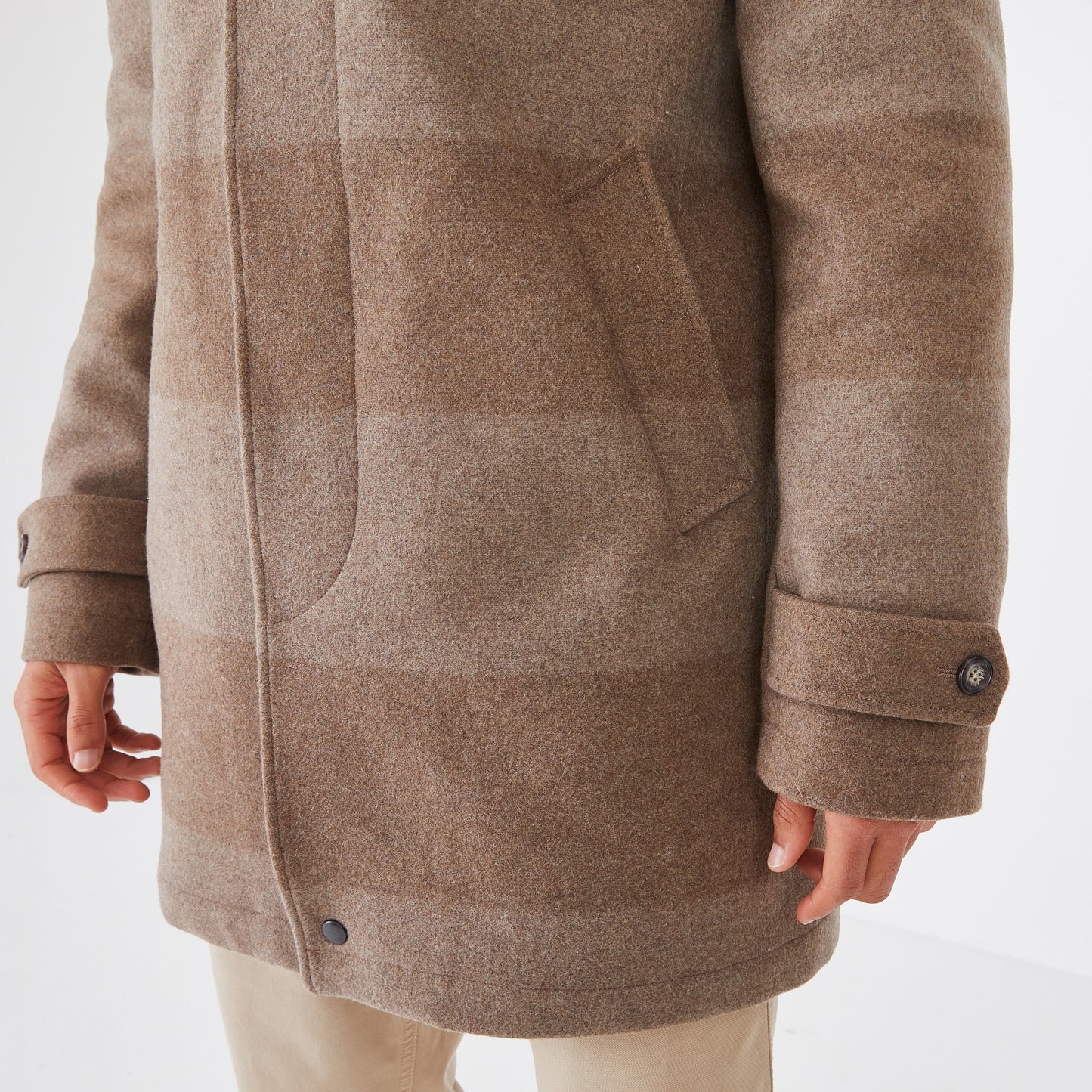 Short camel coat in striped wool blend