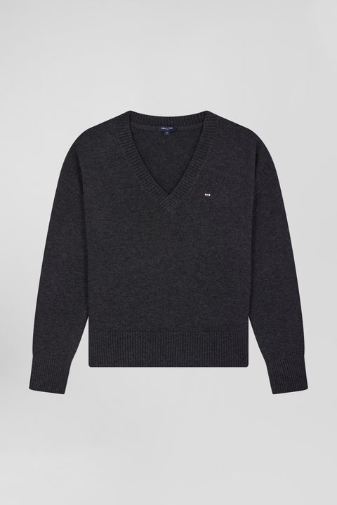 Relax dark grey mottled wool and cotton V-neck jumper - Image 2