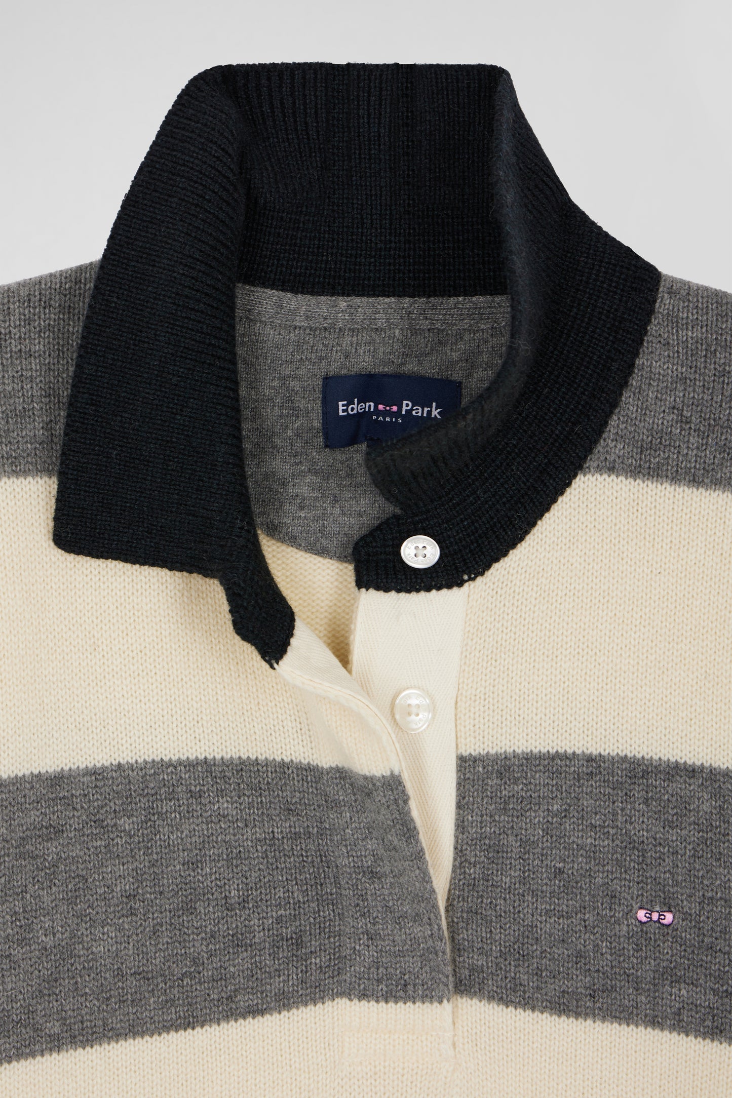 Light grey and ecru striped wool and cashmere polo-neck sweater