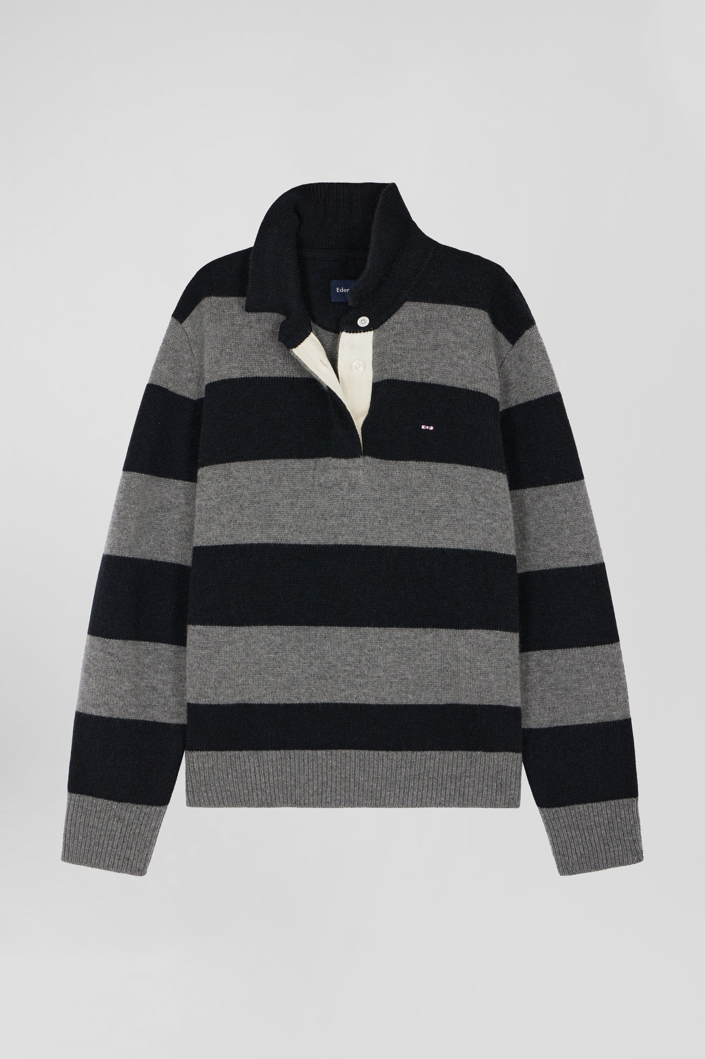 Black and grey striped wool and cashmere polo-neck sweater