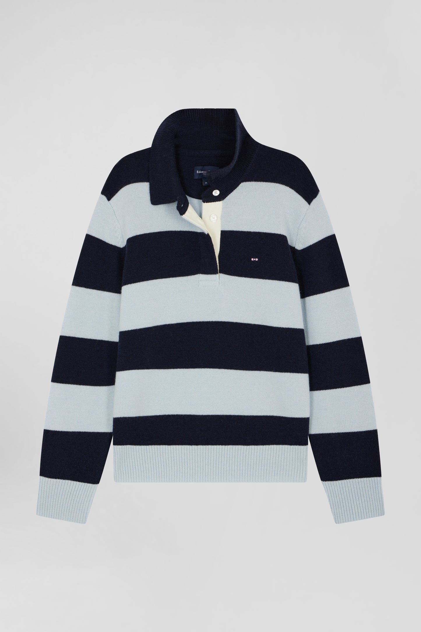 Light blue and navy striped wool and cashmere polo-neck sweater