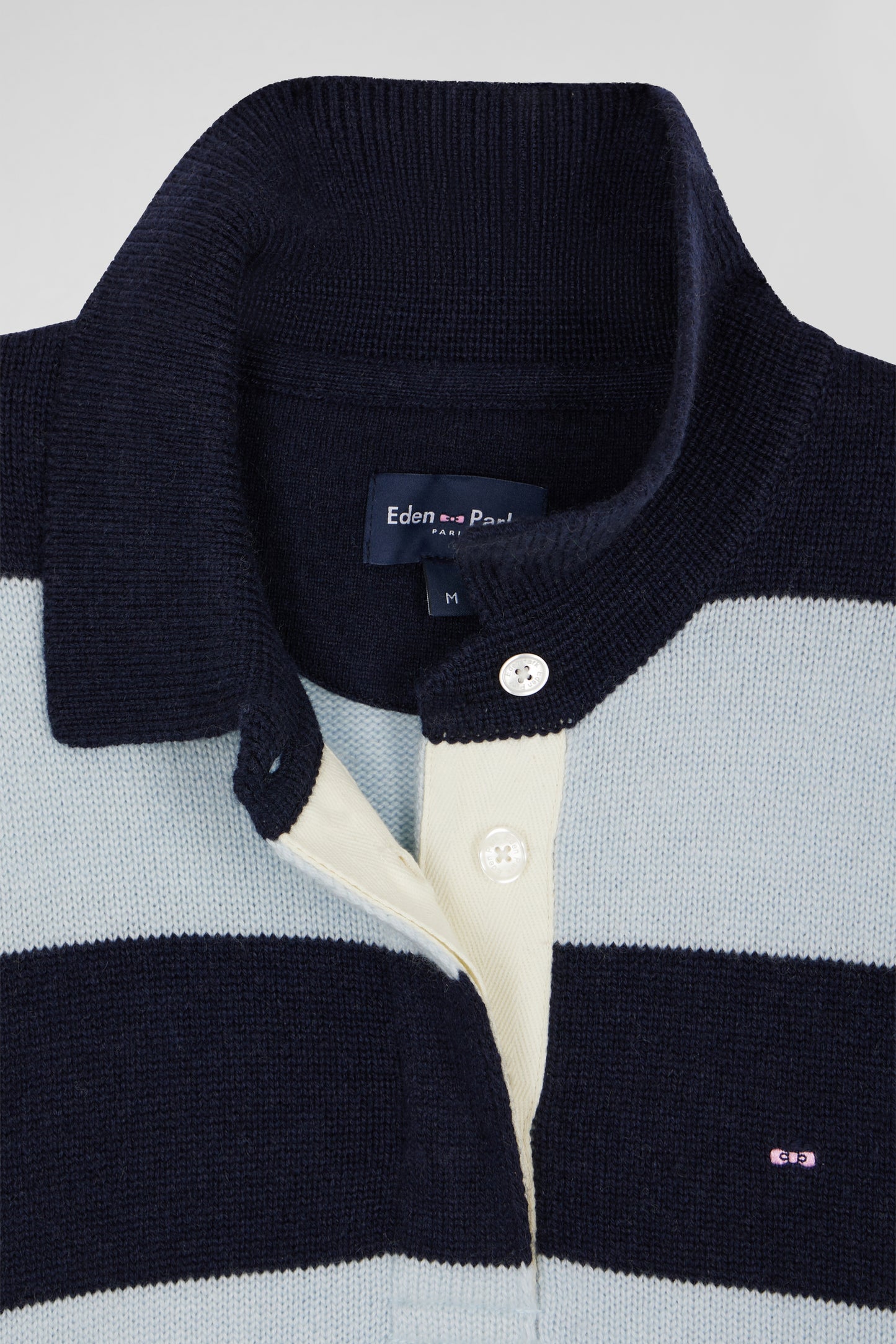 Light blue and navy striped wool and cashmere polo-neck sweater