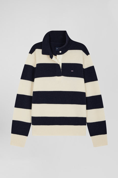 Navy blue and ecru striped wool and cashmere polo-neck sweater - Image 1