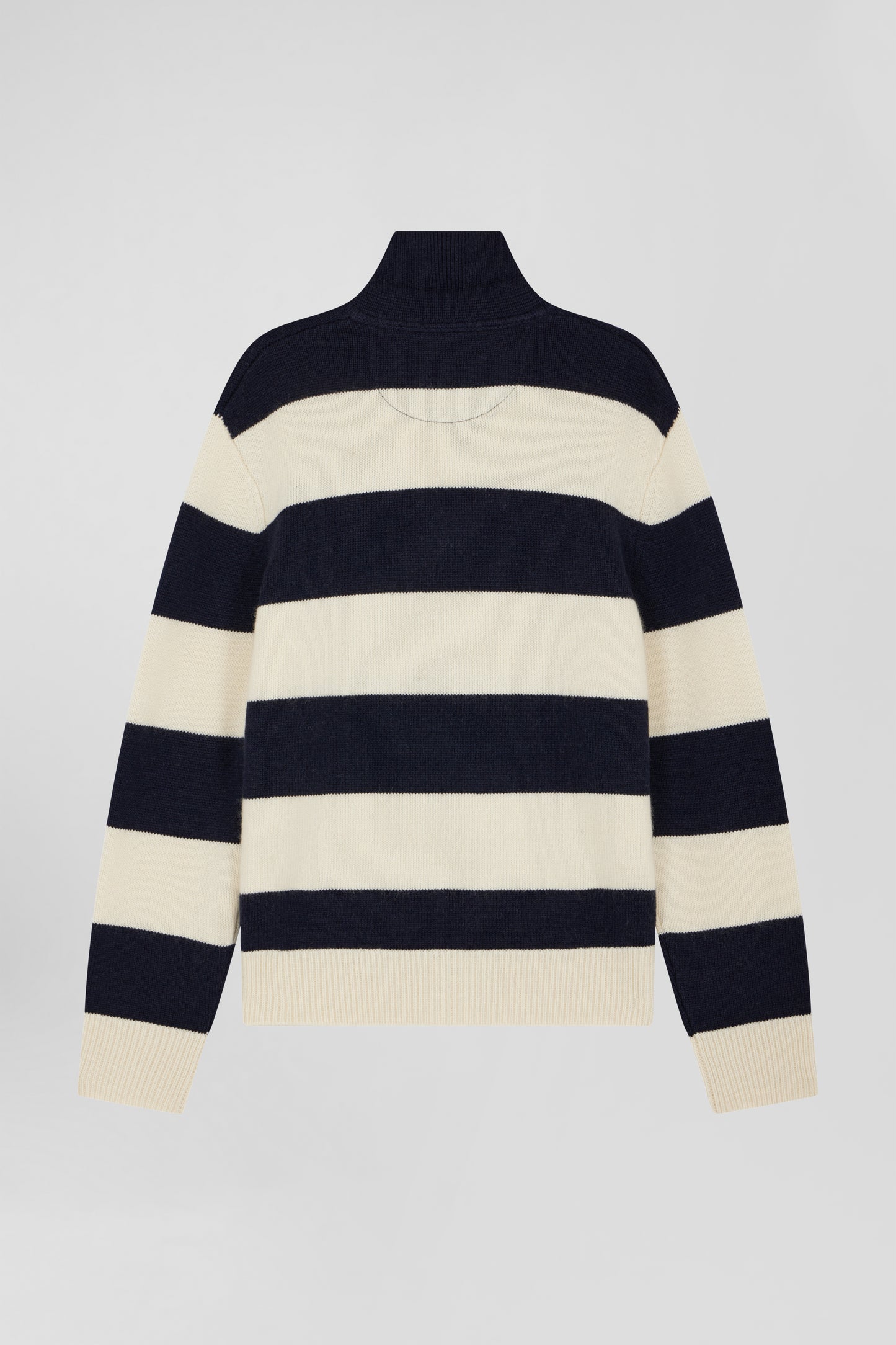 Navy blue and ecru striped wool and cashmere polo-neck sweater