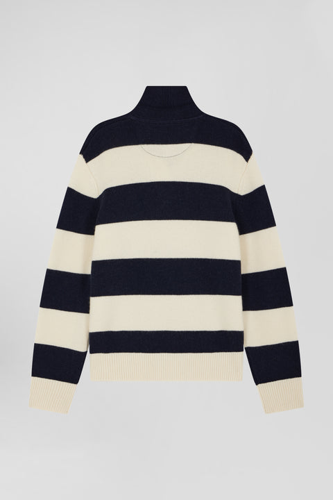 Navy blue and ecru striped wool and cashmere polo-neck sweater - Image 2