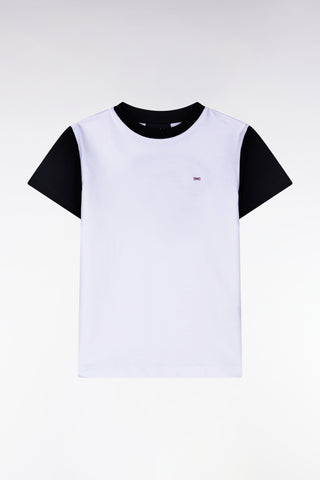 Navy and white cotton T-shirt with hooped back embroidery, straight cut