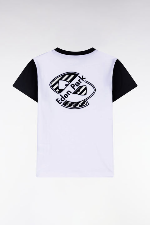 Navy and white cotton T-shirt with hooped back embroidery, straight cut - Image 2
