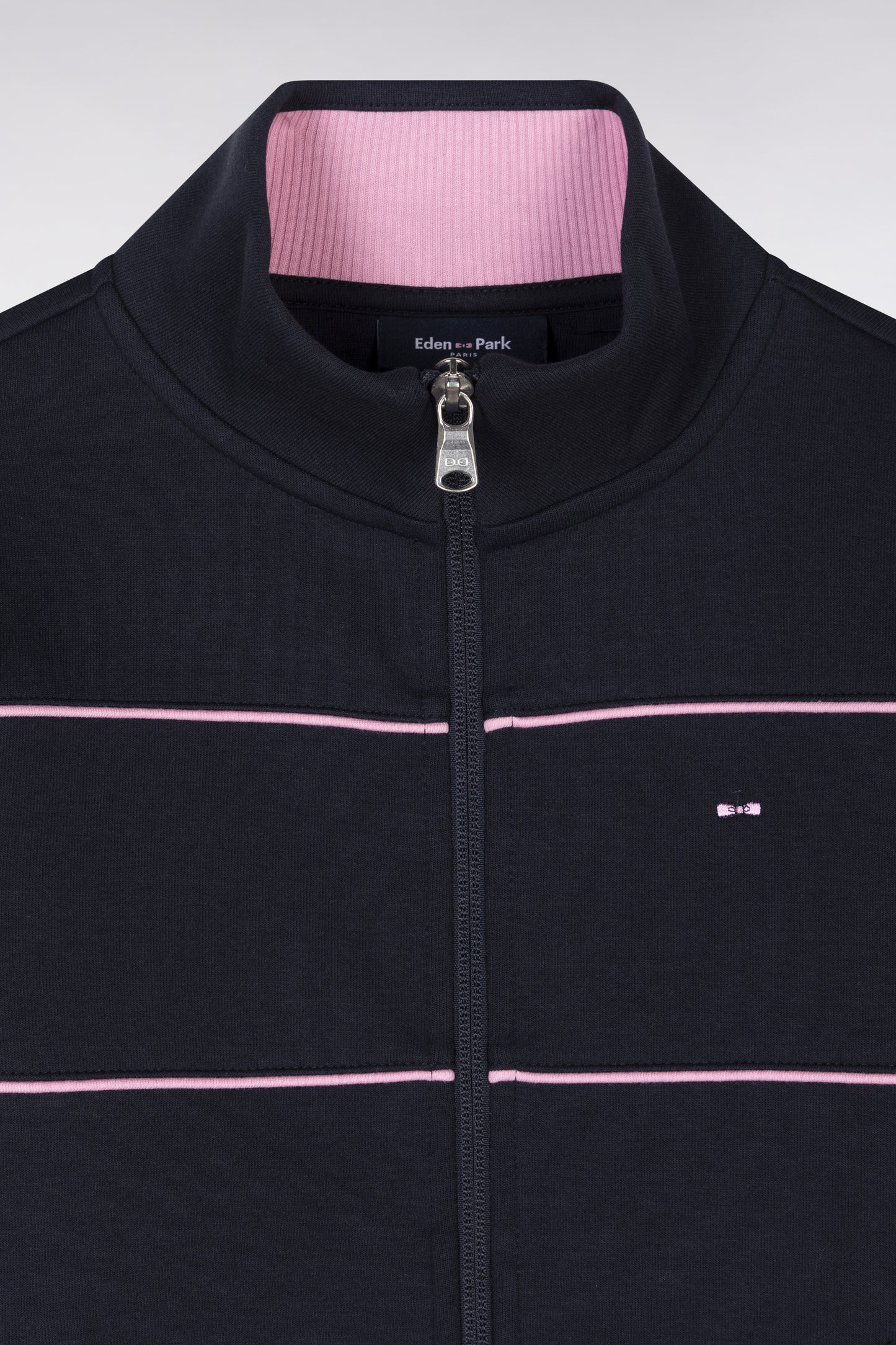 Straight-fit zipped navy stretch cotton sweatshirt with pink piping