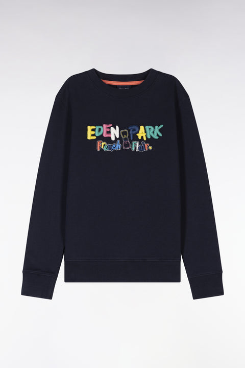 Straight-fit navy cotton sweatshirt with multicolored embroidery - Image 1