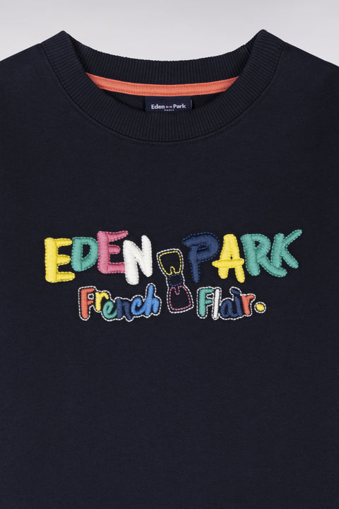 Straight-fit navy cotton sweatshirt with multicolored embroidery - Image 2