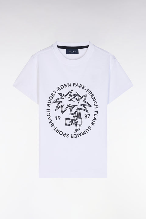 White cotton T-shirt with navy palm tree screen print, straight cut - Image 1