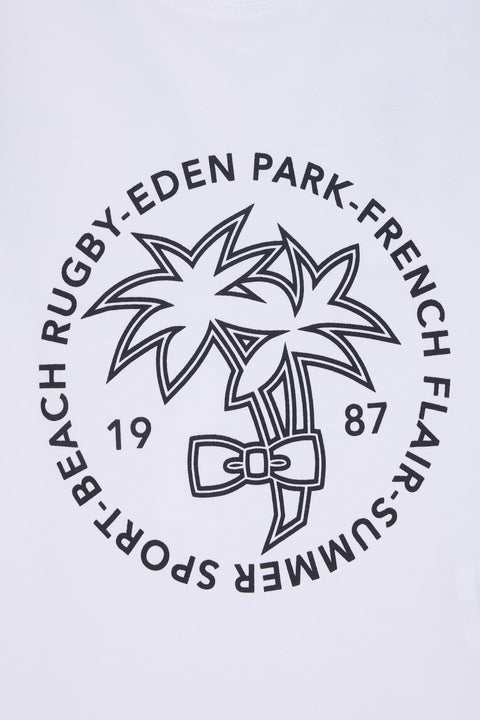 White cotton T-shirt with navy palm tree screen print, straight cut - Image 2