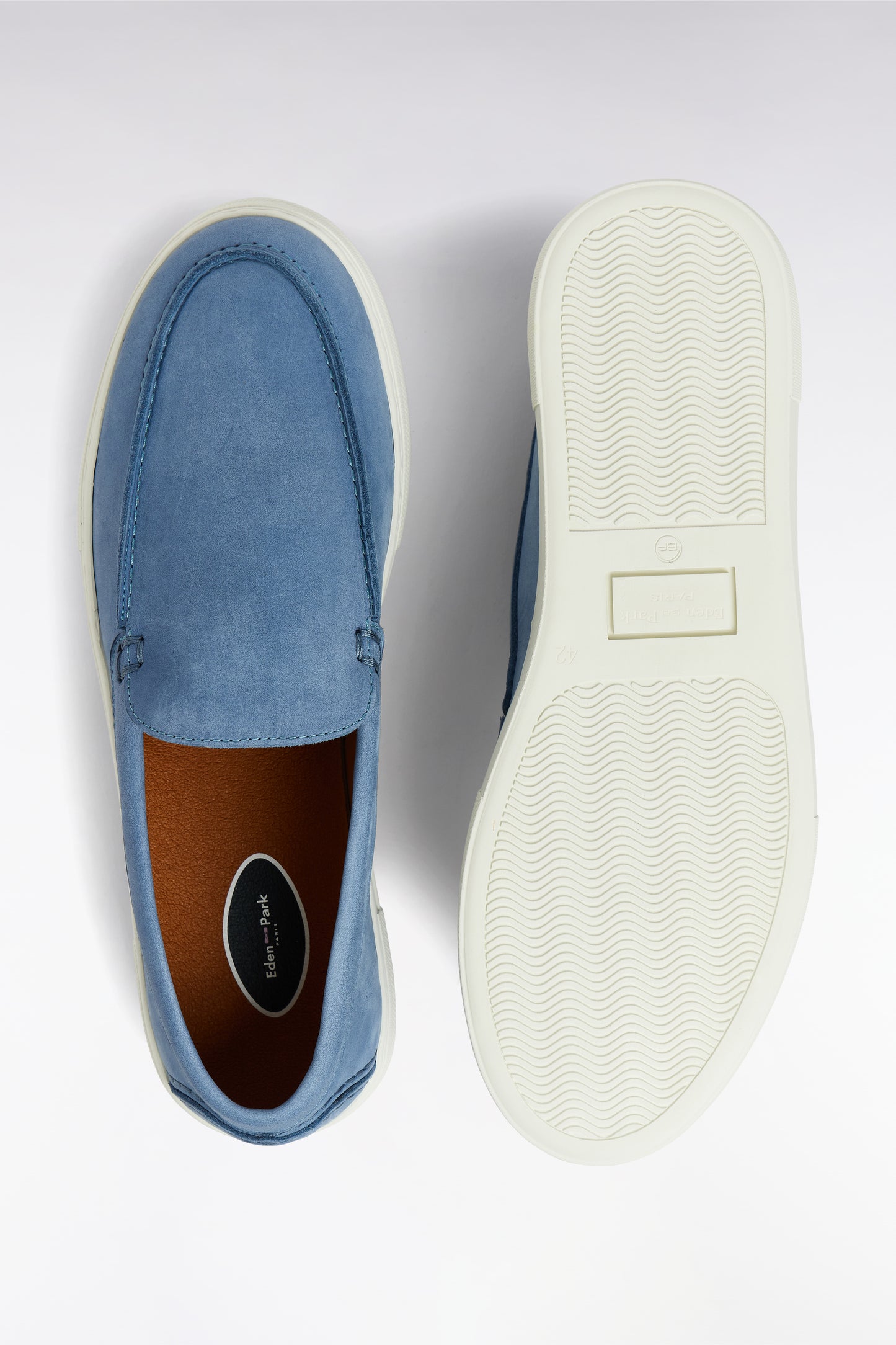 Blue-gray suede loafers with sneaker soles