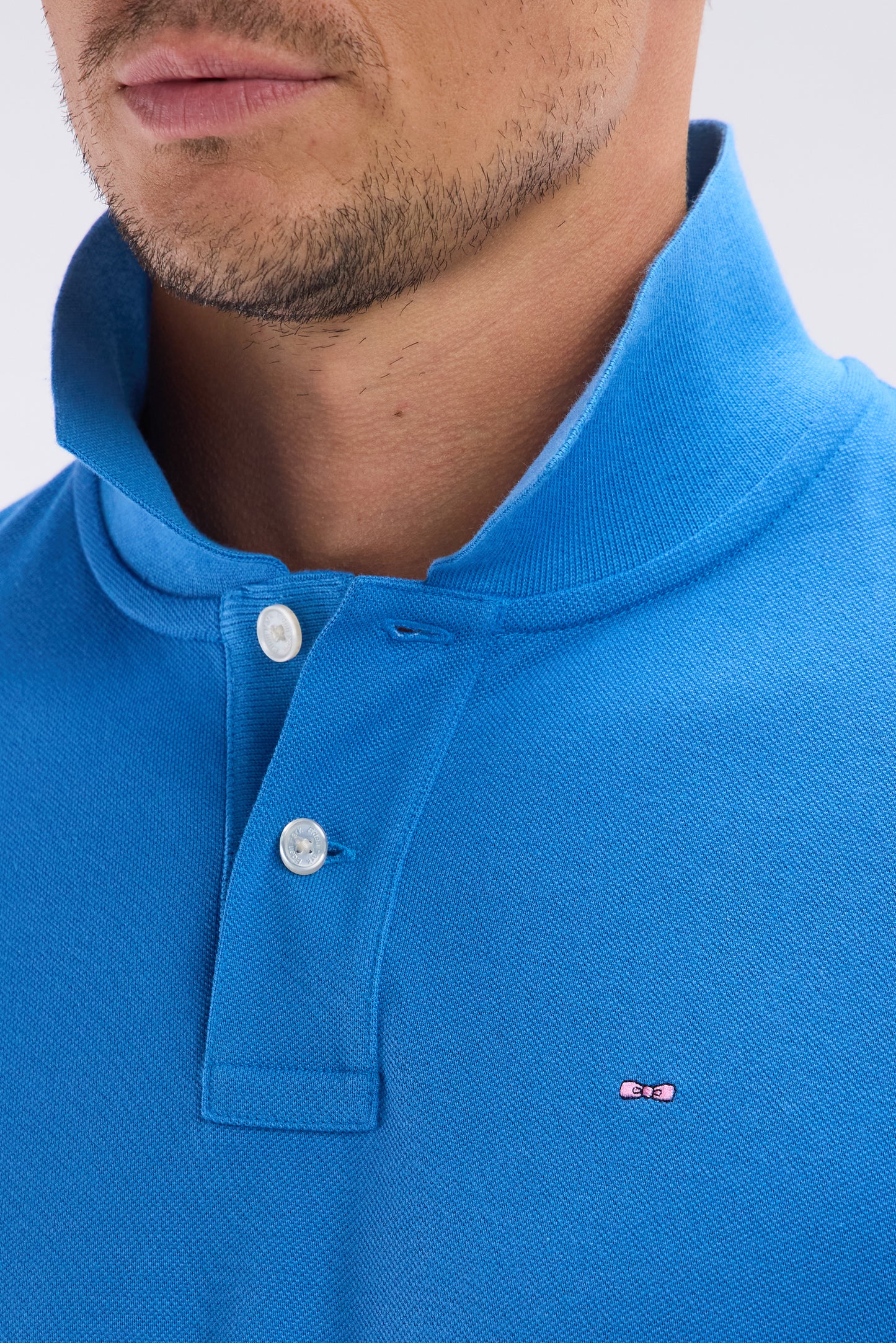 Straight-fit short-sleeved polo shirt in blue Pima cotton