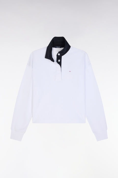 White cotton sweatshirt with navy rugby shirt collar - Image 2