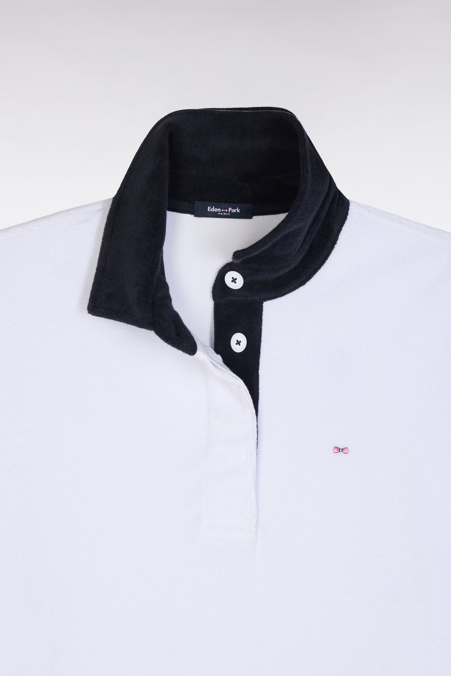 White cotton sweatshirt with navy rugby shirt collar